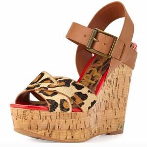 Sam Edelman Sasha Calf Hair Leopard Print Cork Wedges Size 7.5
